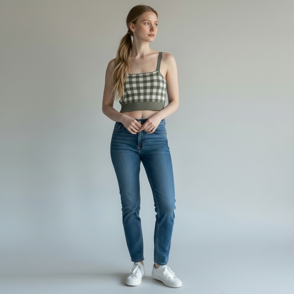 Mable Gingham Knit Crop Top‎ Olive Green Cream Square Neck MST7324  Size M